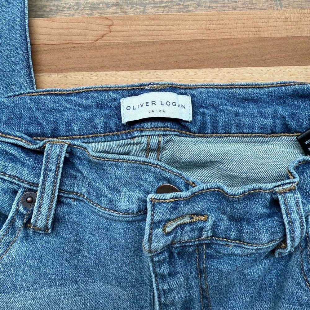 Olive Logan Brand- Crosby Relaxed Taper Blue Jeans. Size 29, raw hem.